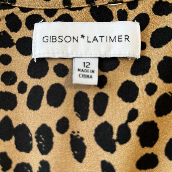 Gibson Latimer Dress Women SZ 12 Beige Animal Print Crew Neck Sheath Midi Lined - Picture 11 of 13